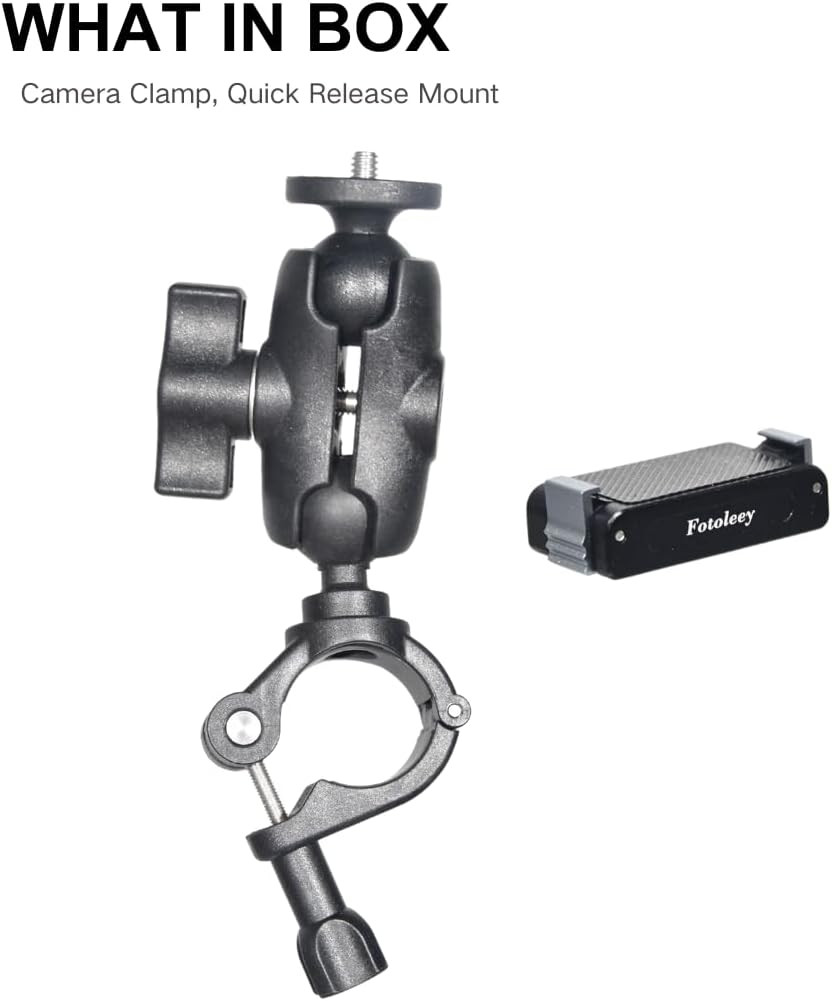 Fotoleey Motorcycle Mount for DJI Osmo Action 5 Pro, Action Camera Handlebar Mirror Mount Compatible with DJI Osmo Action 5 Pro / 4, Insta 360 X4 / X3/Ace Pro, Adjustable 8-36mm, Dual Ball Head