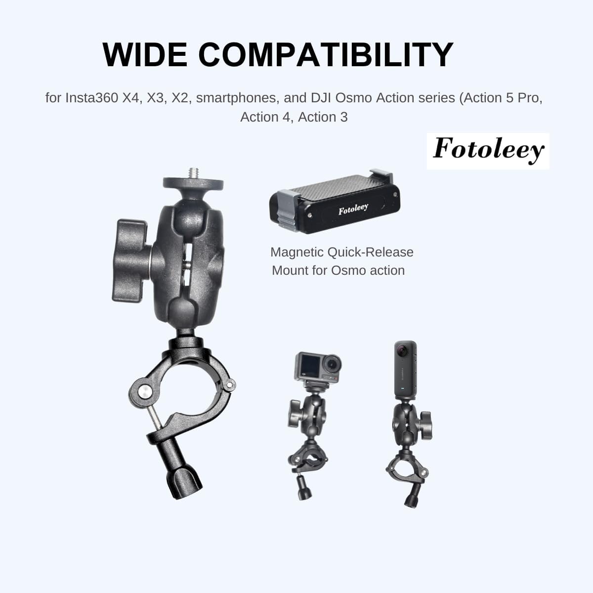 Fotoleey Motorcycle Mount for DJI Osmo Action 5 Pro, Action Camera Handlebar Mirror Mount Compatible with DJI Osmo Action 5 Pro / 4, Insta 360 X4 / X3/Ace Pro, Adjustable 8-36mm, Dual Ball Head