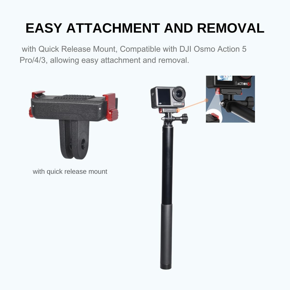 Extension Rod for DJI Osmo Action 5 Pro / 4/3, 13.8-59" Aluminum Pole with Quick Release Mount