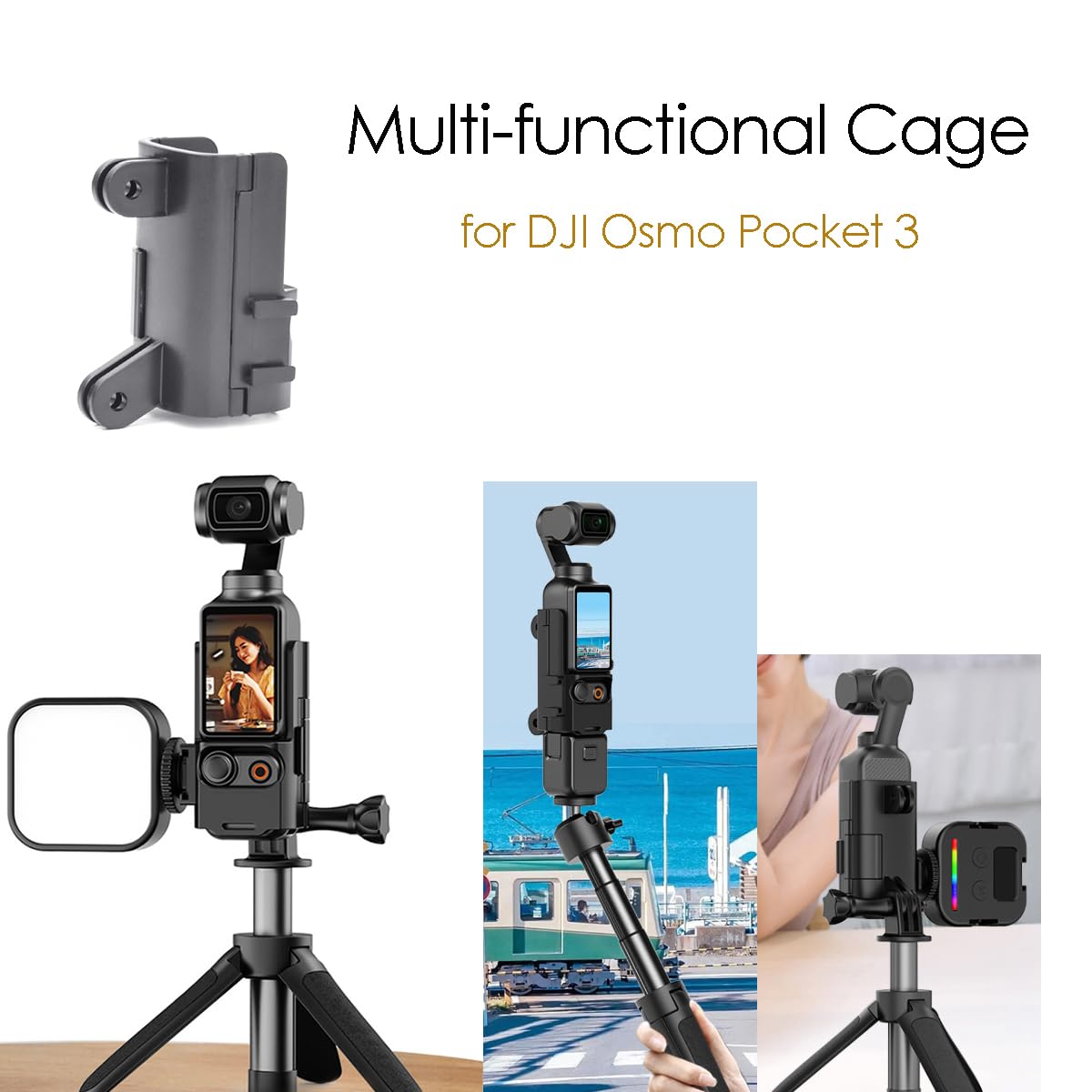 Fotoleey Tripod Mount for DJI Osmo Pocket 3 with Lens Protector & Screen Protector, Dual Two-claw Interface and Cold-shoe Interface