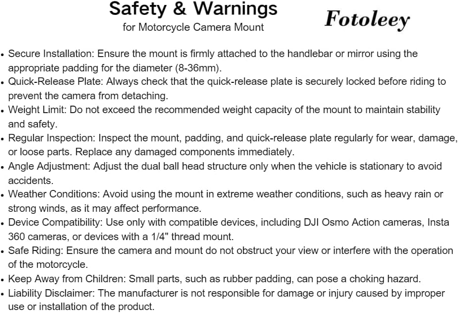 Fotoleey Motorcycle Mount for DJI Osmo Action 5 Pro, Action Camera Handlebar Mirror Mount Compatible with DJI Osmo Action 5 Pro / 4, Insta 360 X4 / X3/Ace Pro, Adjustable 8-36mm, Dual Ball Head