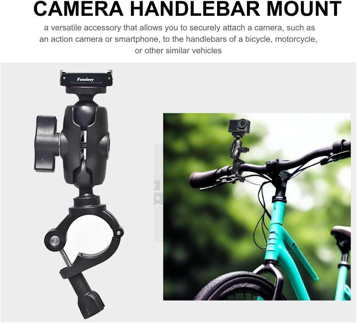 Fotoleey Motorcycle Mount for DJI Osmo Action 5 Pro, Action Camera Handlebar Mirror Mount Compatible with DJI Osmo Action 5 Pro / 4, Insta 360 X4 / X3/Ace Pro, Adjustable 8-36mm, Dual Ball Head