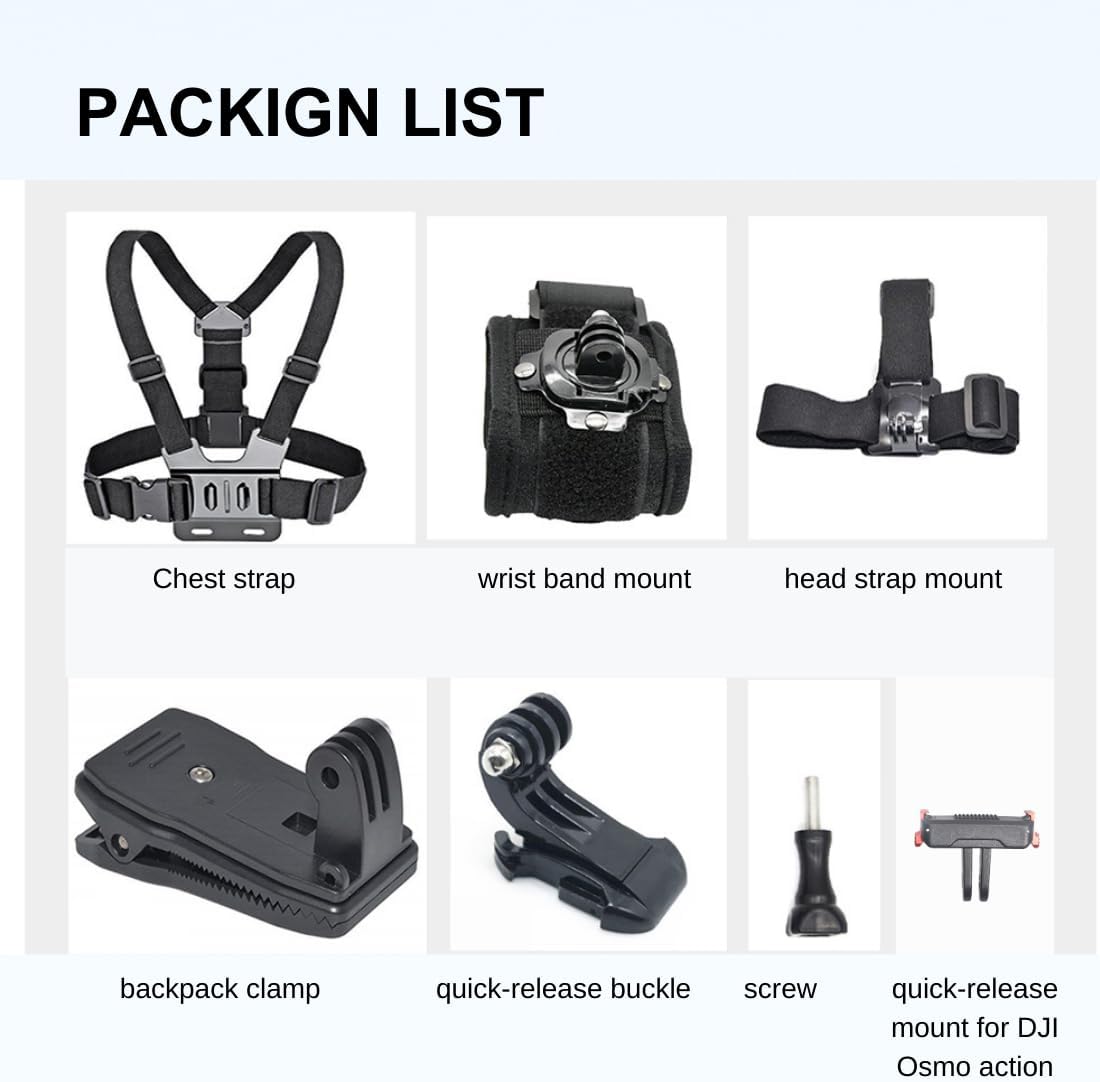 Accessory Kit for DJI Osmo Action: Camera Chest Strap, Camera Head Mount, Camera Wrist Mount, Camera Backpack Clip Mount , J-Type Quick-Release Mount, Compatible with DJI Osmo Action 5 Pro, Action 4
