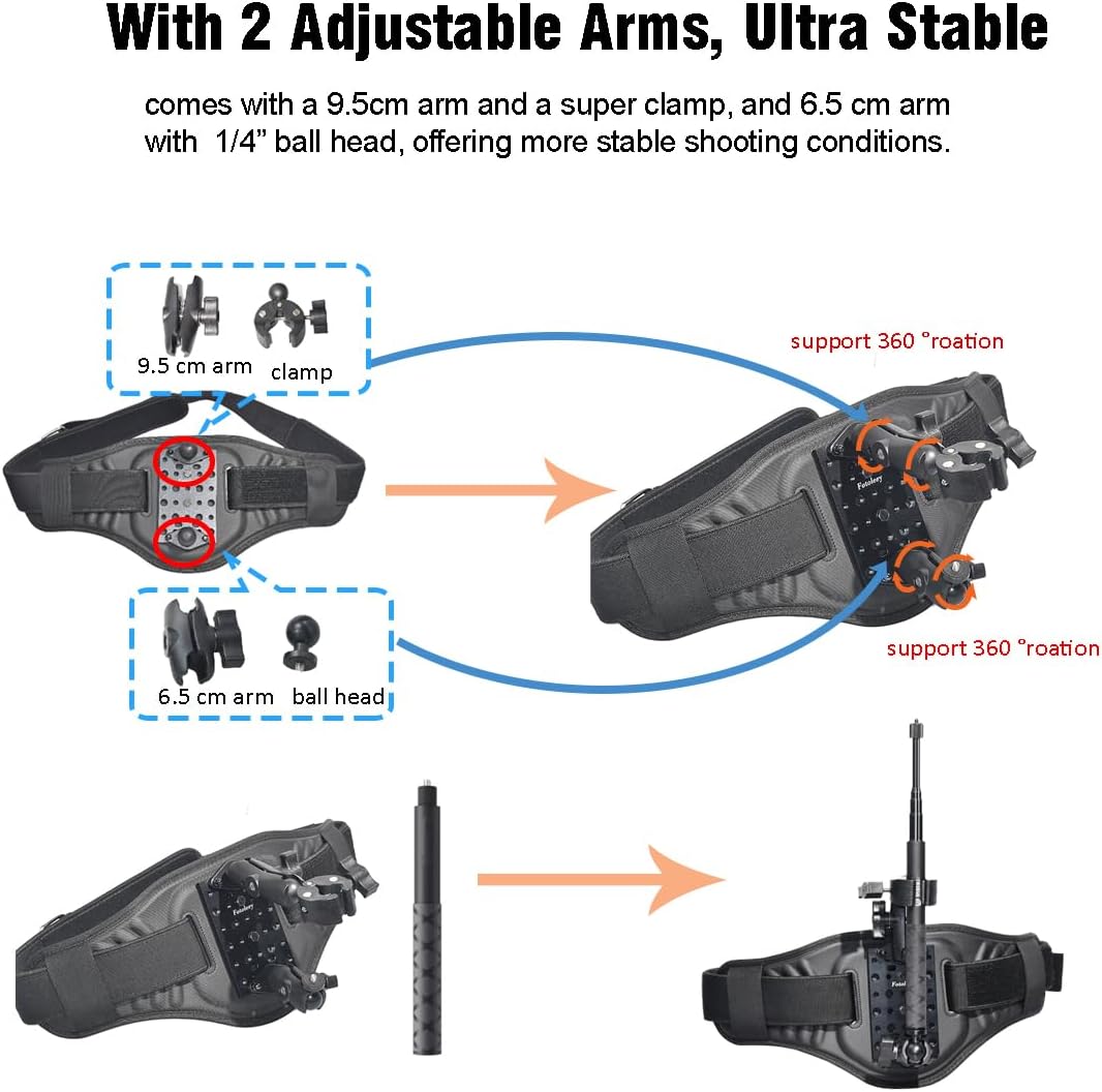 Fotoleey Updated Back Bar Waist Strap Mount for Insta360 X4, X3, X2, Ace Pro, Go Pro Max, Hero 12, Hero 11, Hiking and Cycling, Adjustable up to 55 inches (Stick not Included)