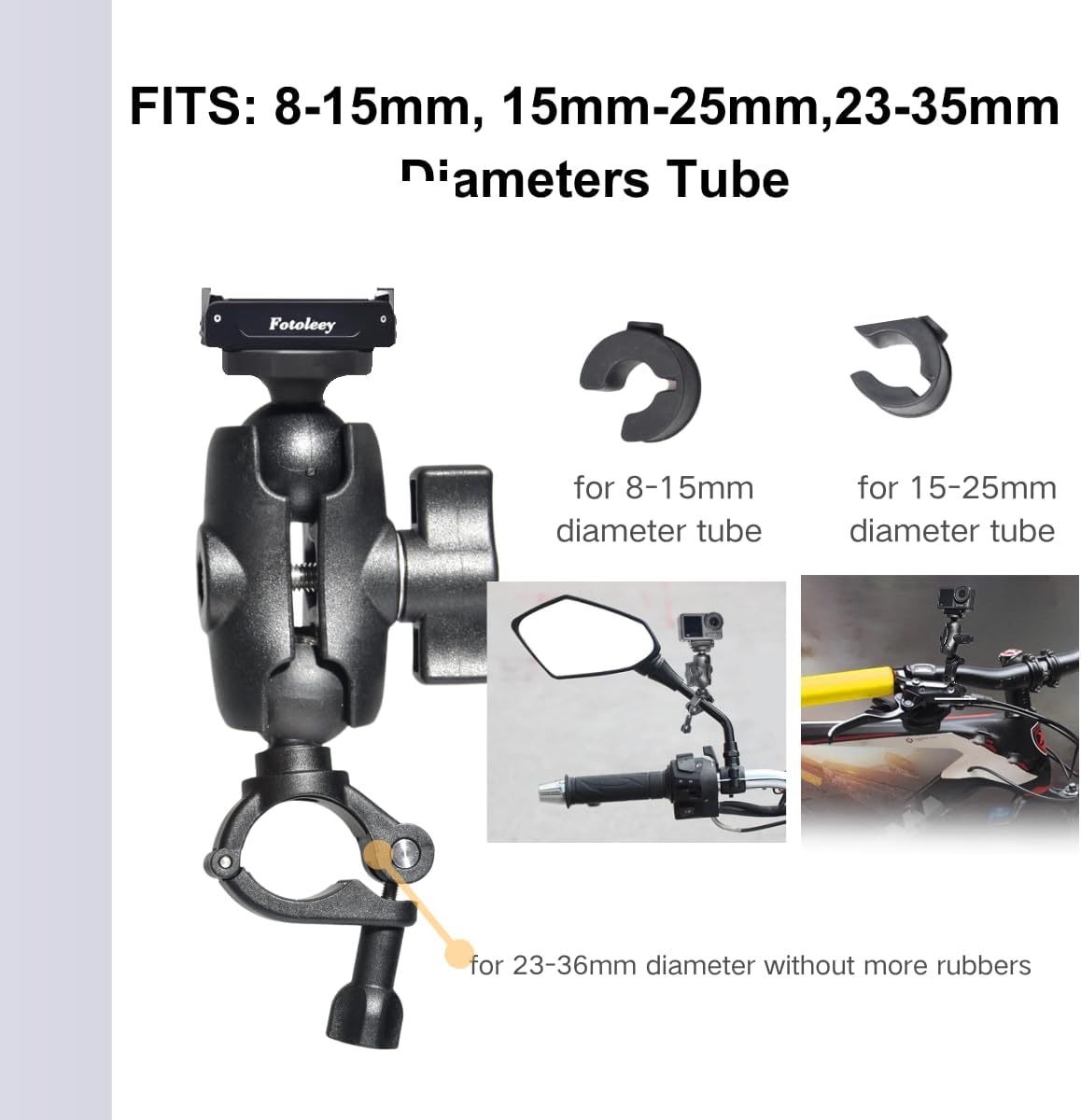 Fotoleey Motorcycle Mount for DJI Osmo Action 5 Pro, Action Camera Handlebar Mirror Mount Compatible with DJI Osmo Action 5 Pro / 4, Insta 360 X4 / X3/Ace Pro, Adjustable 8-36mm, Dual Ball Head
