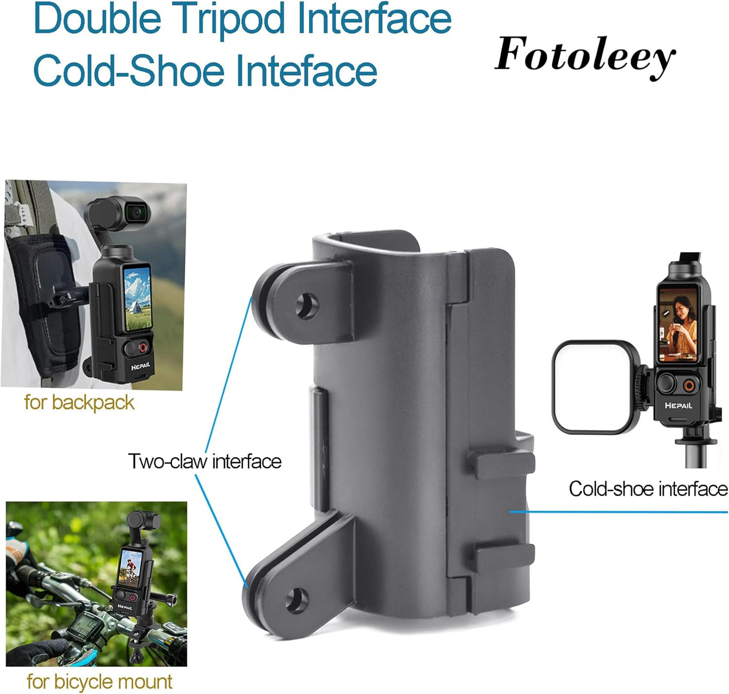Fotoleey Mount Adapter for DJI Osmo Pocket 3 - Includes Lens Protector & Screen Protector, Dual Two-Claw Interface and Cold-Shoe Interface