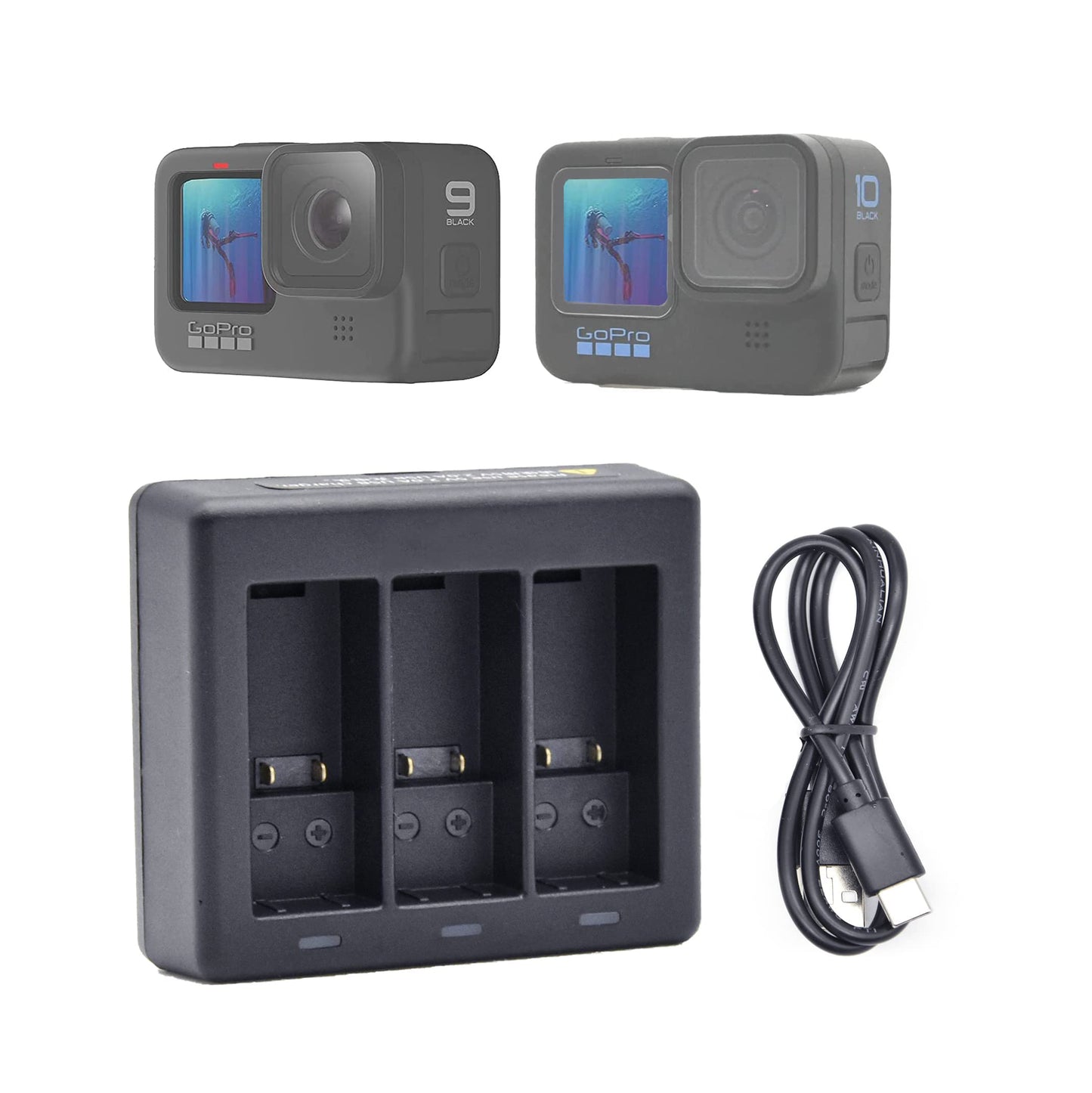 vgsion Fast Charging Charger for GoPro Hero 12/11/10/9/8 Supports 3 Batteries Charging Over Current Protection