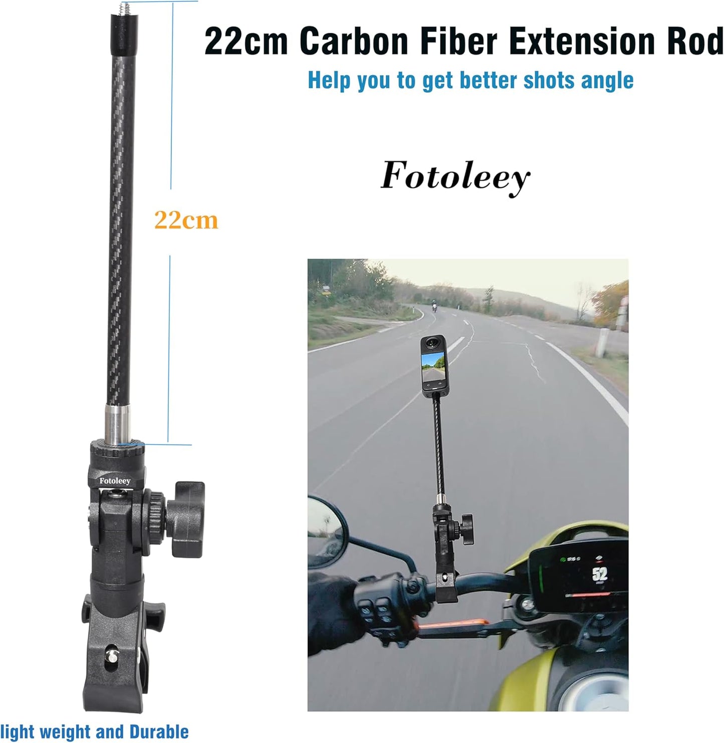 Fotoleey Camera Motorcycle Mount Kit for Insta360 X4 /X3/X2/Ace, Heavy Duty Handlebar Duty, with Extension Rod, Double Flexible Adhesive Helmet Mount,Compatible with GoPro Hero 13, Hero 12, Hero 11