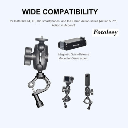 Fotoleey Motorcycle Mount for DJI Osmo Action 5 Pro, Action Camera Handlebar Mirror Mount Compatible with DJI Osmo Action 5 Pro / 4, Insta 360 X4 / X3/Ace Pro, Adjustable 8-36mm, Dual Ball Head