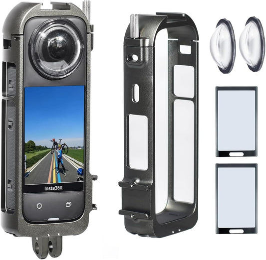 Fotoleey Metal Case with Lens Guard and Screen Protector for Insta360 X4, with Cold Shoe Interface, Tempered Glass Protector