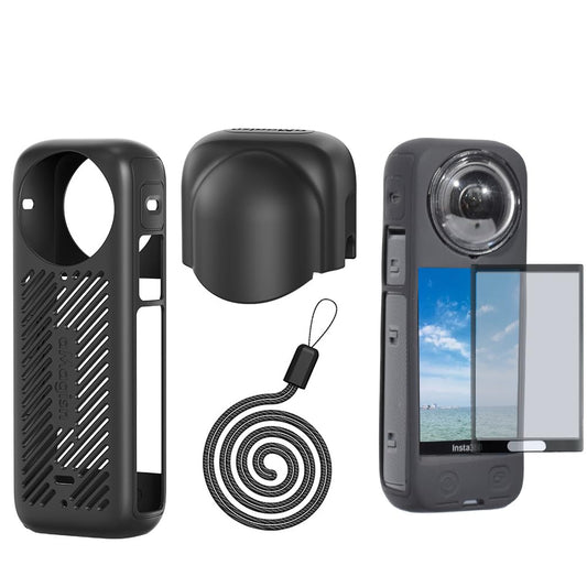 Fotoleey X4 Accessory Kit- Silicone Case, Lens Cover and Tempered Screen Protector for Insta360 X4 black