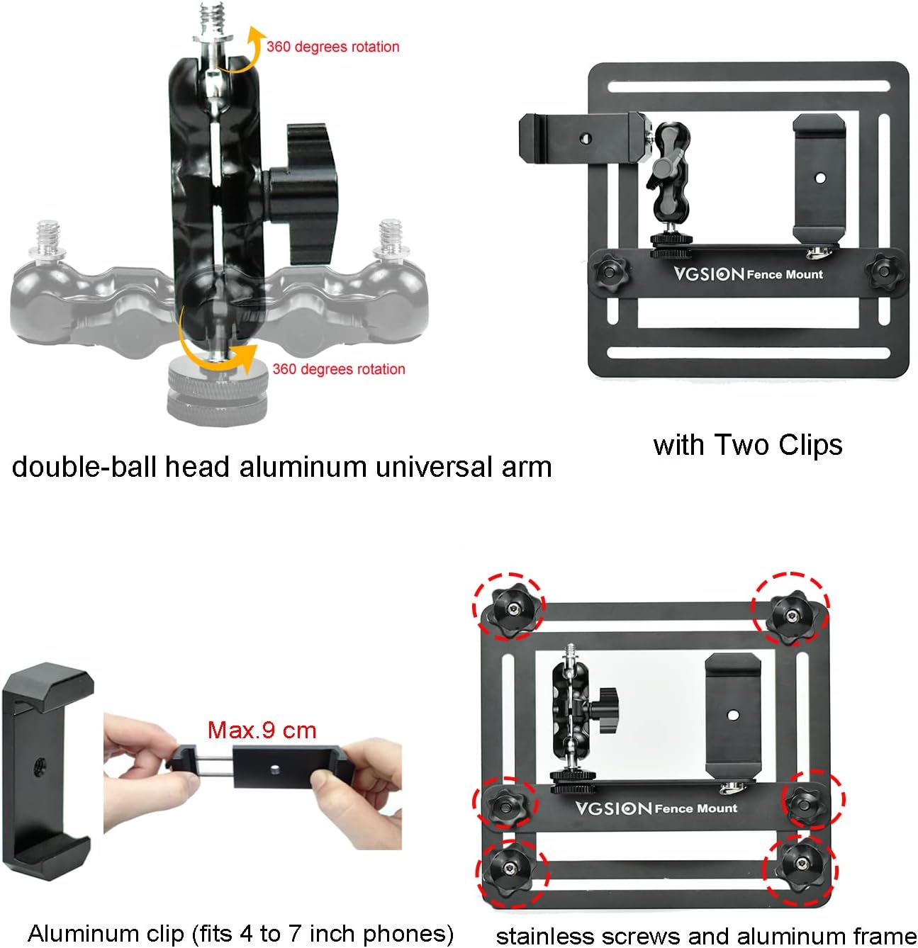 Action Camera/Phone Fence Mount for Baseball/Tennis Game, Angle Adjustable, Dual Clips, Support Power Bank, Compatible with iPhone 15, 14, 13 & Go Pro Hero 13/12/11, Easy Mounting