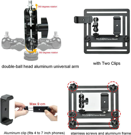 Action Camera/Phone Fence Mount for Baseball/Tennis Game, Angle Adjustable, Dual Clips, Support Power Bank, Compatible with iPhone 15, 14, 13 & Go Pro Hero 13/12/11, Easy Mounting