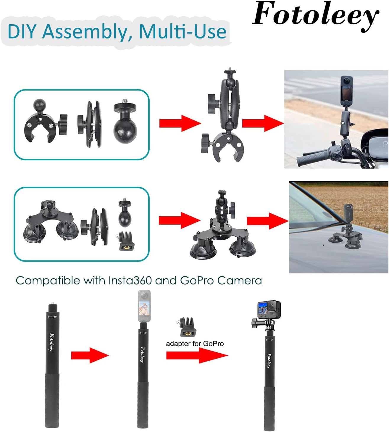 Fotoleey 360 Camera Suction Cup Car Mount Kit for Insta360 X4/X3/Ace Pro/Go 3 & GoPro Max/Hero 12/11 - Triple / 5 Suction Cups with Super Clamp & Selfie Stick for High-Speed Car Video Shooting