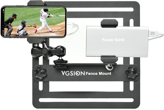 Action Camera/Phone Fence Mount for Baseball/Tennis Game, Angle Adjustable, Dual Clips, Support Power Bank, Compatible with iPhone 15, 14, 13 & Go Pro Hero 13/12/11, Easy Mounting