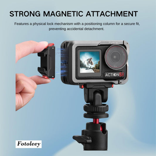 Fotoleey Quick Release Cold Shoe Mount Adapter for DJI Osmo Action 5 Pro/4/3 - Metal Strong Magnetic Quick-Release Camera Mount with Anti-Slip Silicone Pad