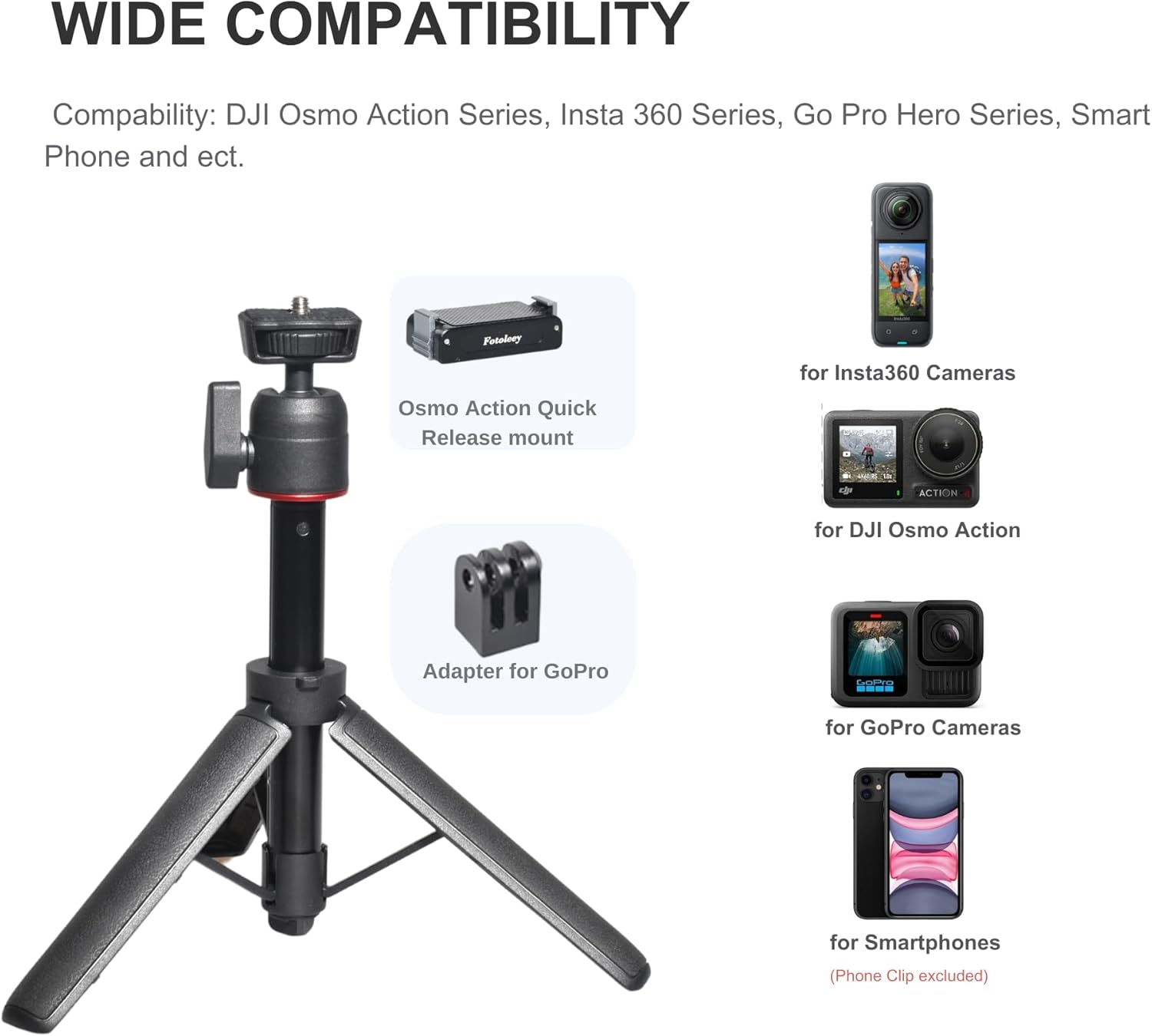 Fotoleey Mini Tripod Stand for DJI Osmo Action 5/4, 20-55cm Extendable Holder with Ball Head Mount Compatible with Insta360, Go Pro, Vlogging Live Streaming Camera Stand