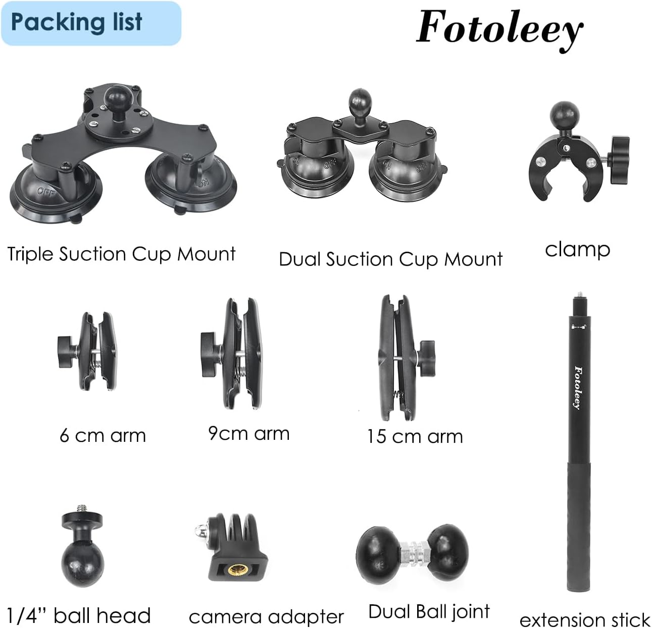 Fotoleey 360 Camera Suction Cup Car Mount Kit for Insta360 X4/X3/Ace Pro/Go 3 & GoPro Max/Hero 12/11 - Triple / 5 Suction Cups with Super Clamp & Selfie Stick for High-Speed Car Video Shooting
