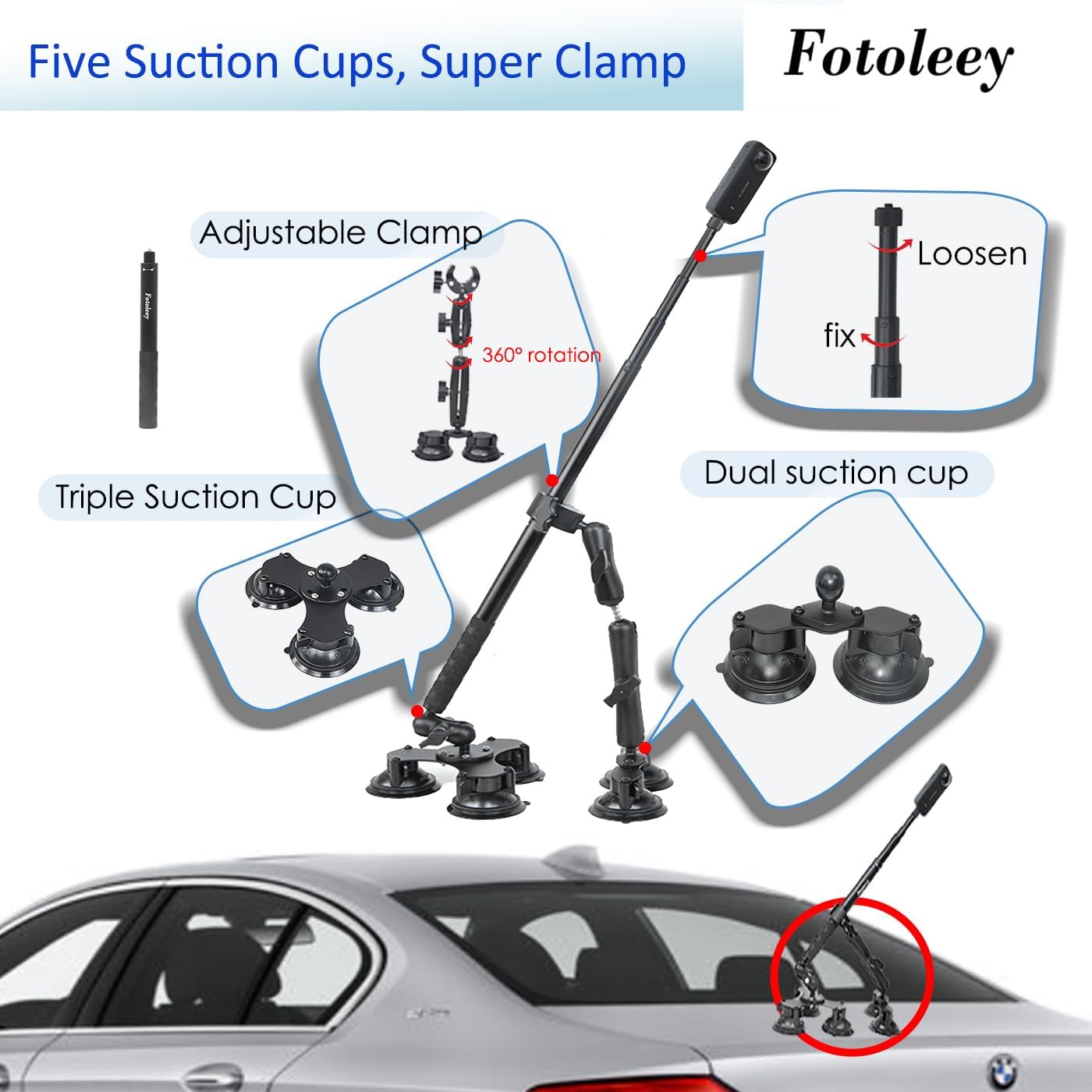 Fotoleey 360 Camera Suction Cup Car Mount Kit for Insta360 X4/X3/Ace Pro/Go 3 & GoPro Max/Hero 12/11 - Triple / 5 Suction Cups with Super Clamp & Selfie Stick for High-Speed Car Video Shooting