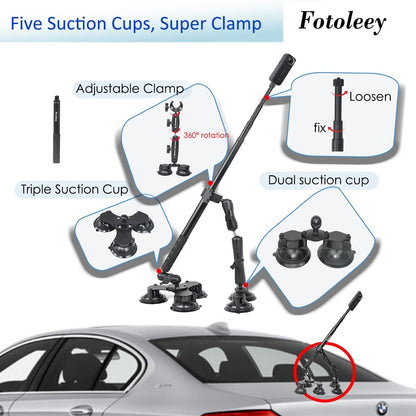 Fotoleey 360 Camera Suction Cup Car Mount Kit for Insta360 X4/X3/Ace Pro/Go 3 & GoPro Max/Hero 12/11 - Triple / 5 Suction Cups with Super Clamp & Selfie Stick for High-Speed Car Video Shooting