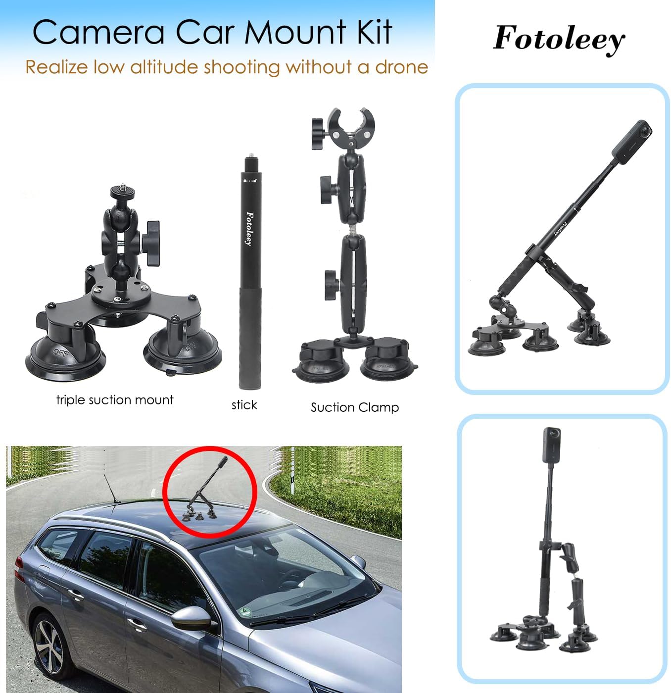 Fotoleey 360 Camera Suction Cup Car Mount Kit for Insta360 X4/X3/Ace Pro/Go 3 & GoPro Max/Hero 12/11 - Triple / 5 Suction Cups with Super Clamp & Selfie Stick for High-Speed Car Video Shooting