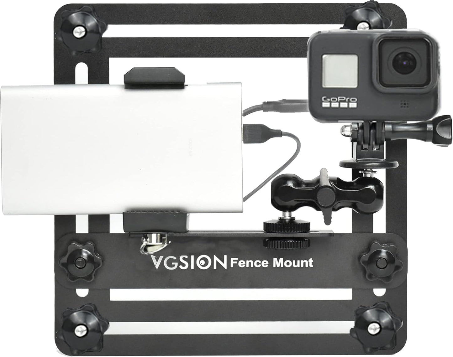 Action Camera/Phone Fence Mount for Baseball/Tennis Game, Angle Adjustable, Dual Clips, Support Power Bank, Compatible with iPhone 15, 14, 13 & Go Pro Hero 13/12/11, Easy Mounting