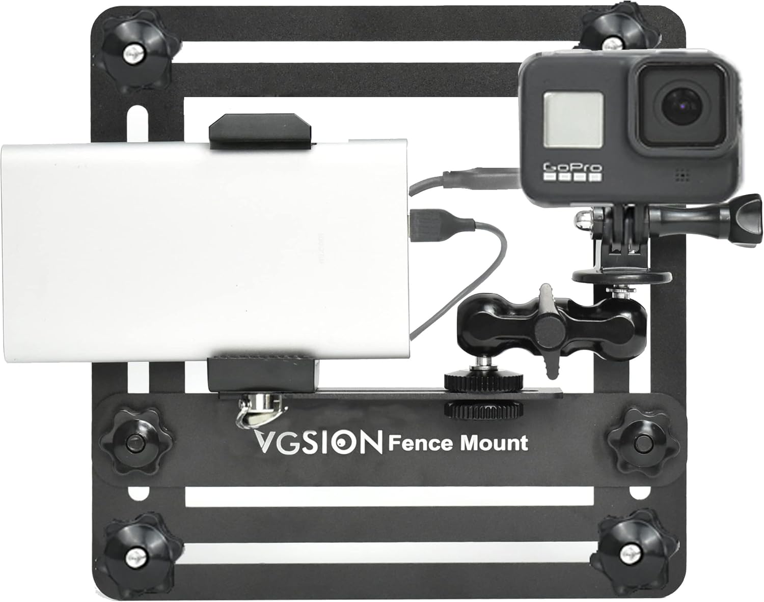 Action Camera/Phone Fence Mount for Baseball/Tennis Game, Angle Adjustable, Dual Clips, Support Power Bank, Compatible with iPhone 15, 14, 13 & Go Pro Hero 13/12/11, Easy Mounting