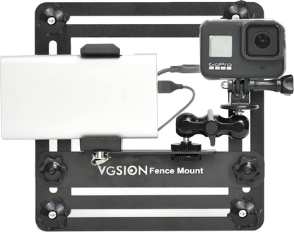 Action Camera/Phone Fence Mount for Baseball/Tennis Game, Angle Adjustable, Dual Clips, Support Power Bank, Compatible with iPhone 15, 14, 13 & Go Pro Hero 13/12/11, Easy Mounting