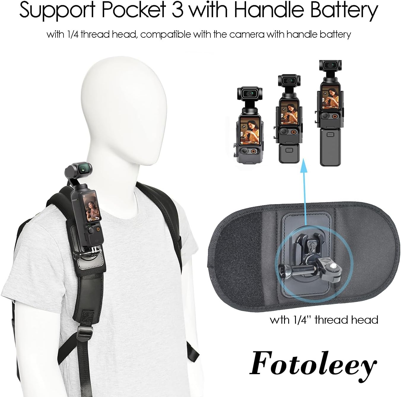Fotoleey Backpack Mount for DJI Osmo Pocket 3 Compatible with Insta360 X3/X2/Ace Pro/Ace, GoPro Hero 12/11/10/9/8 Adjustable