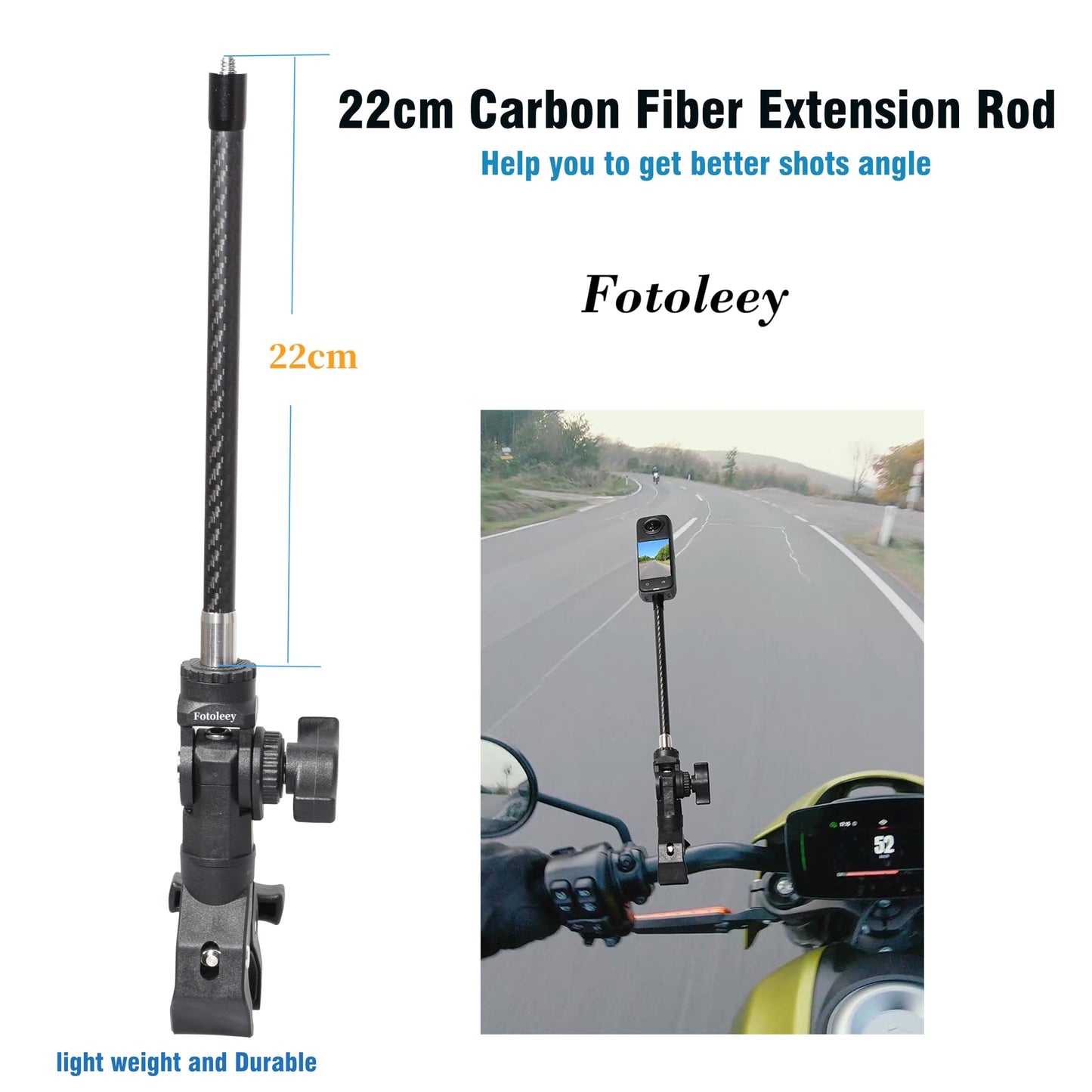 Fotoleey 360 Camera Motorcycle Mount, Bicycle Handlebar Mount for Insta360 X4, X3, X2, Ace Pro, Ace, GoPro with Extension Rod