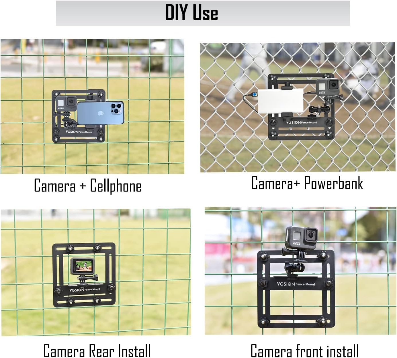 Camera Baseball Fence Mount for GoPro Hero 13, Mevo Start, Action Camera, Cell Phone, Ajustable, Secure Attachment,Support Recording While Charging Compatible with Insta360 X4, iPhone