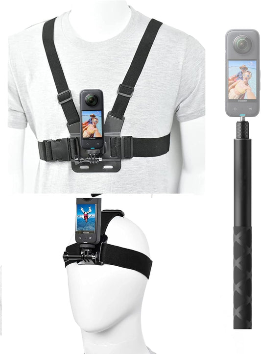 Fotoleey Accessory Kit for Insta360 X4,X3 Selfie Stick Chest Mount Harness Chesty Vest Head Mount Strap Compatible with GoPro Hero 12, Hero 11, Hero 10, DJI Osmo Action