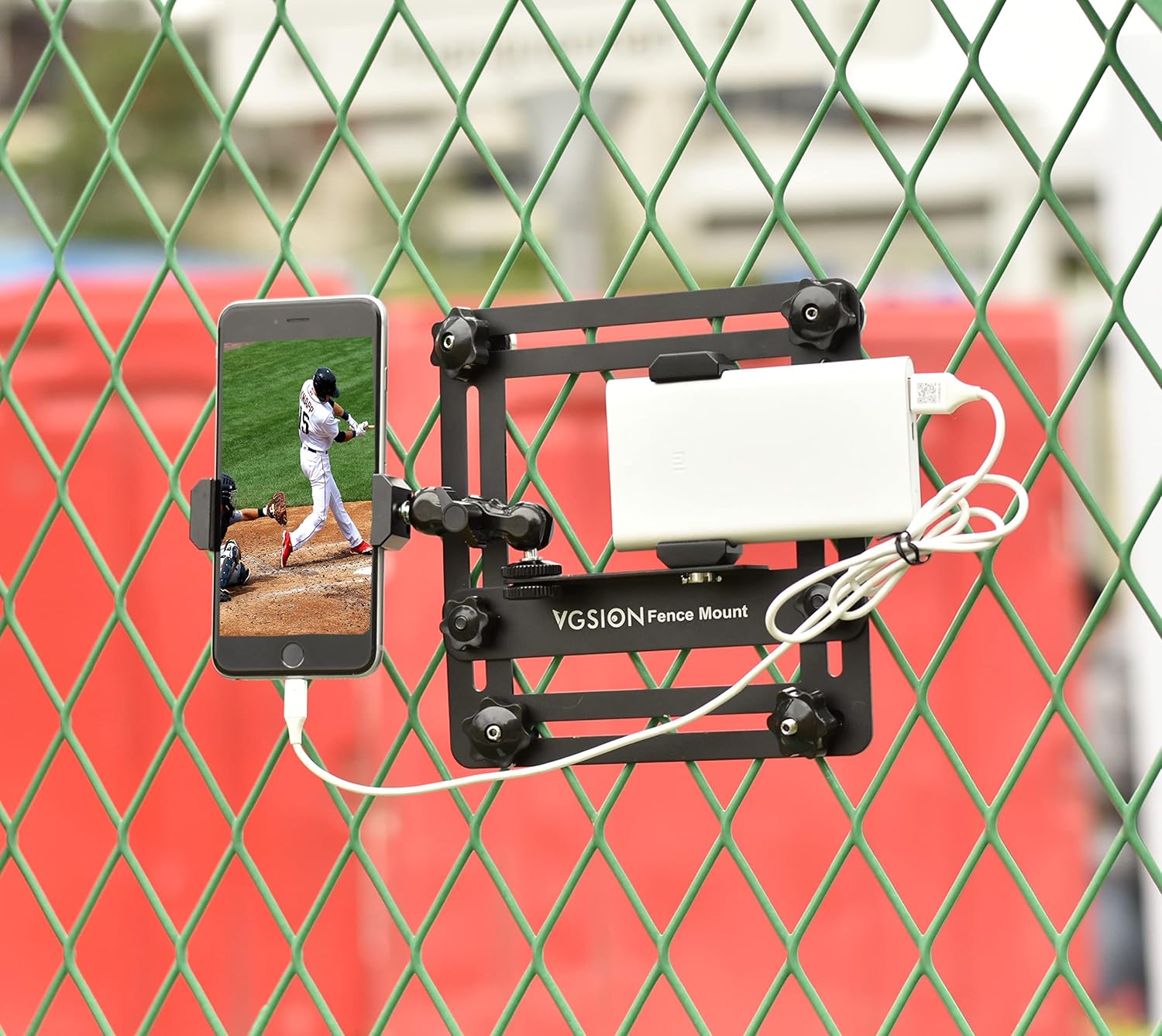 Action Camera/Phone Fence Mount for Baseball/Tennis Game, Angle Adjustable, Dual Clips, Support Power Bank, Compatible with iPhone 15, 14, 13 & Go Pro Hero 13/12/11, Easy Mounting