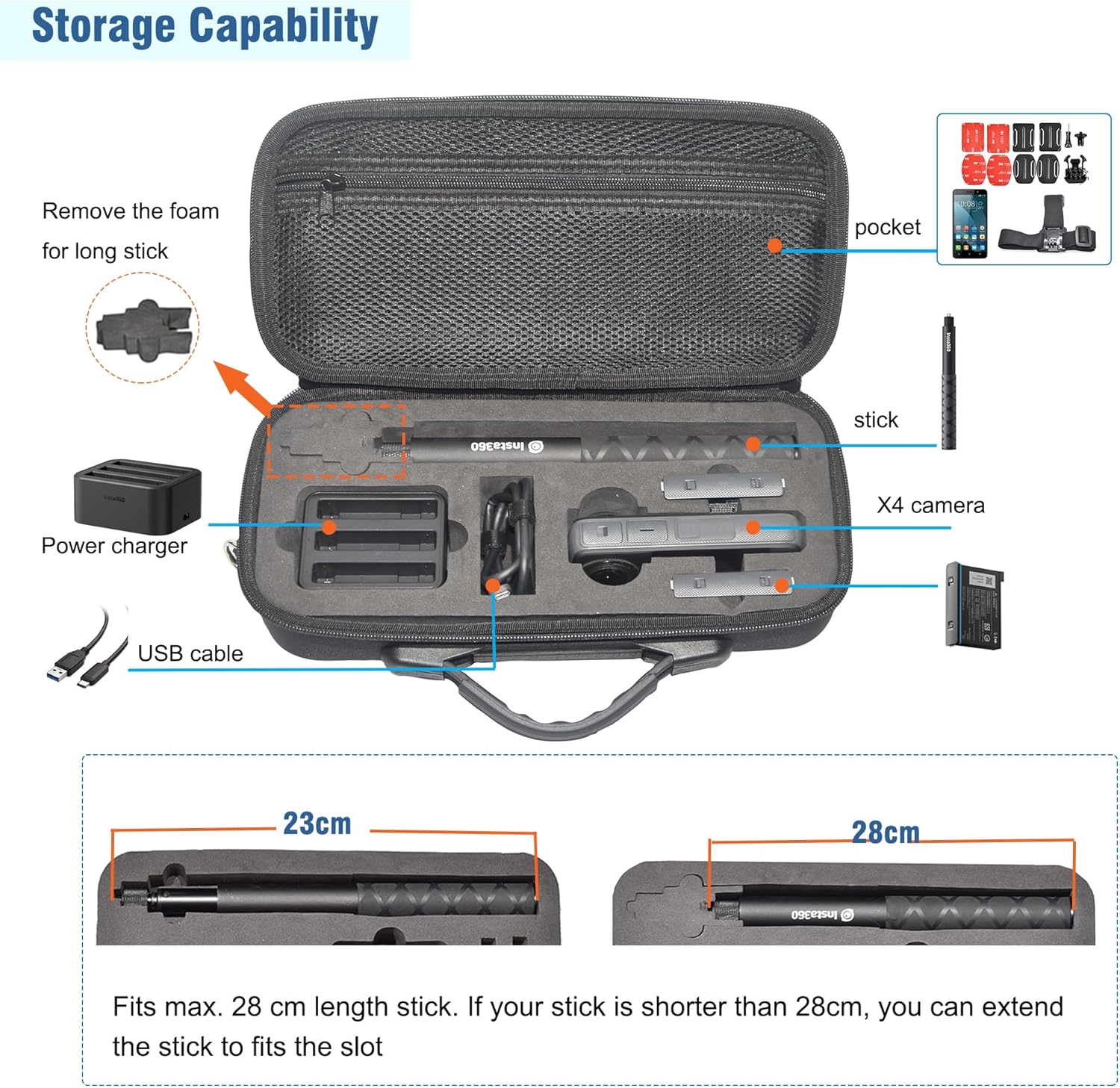 Fotoleey Carry Case for Insta360 X4 - Shell Protective Case with Shoulder Strap - Durable Nylon EVA Camera Bag